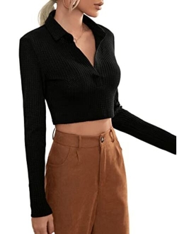 Women's Long Sleeve Crop Top Collar Neck Ribbed Knit Tee Shirt