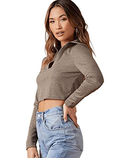 SweatyRocks Women's Long Sleeve Crop Top Collar Neck Ribbed Knit Tee Shirt