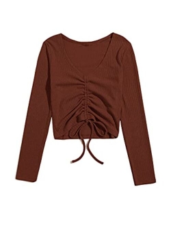 Women's Long Sleeve V Neck Crop Top Drawstring Ruched Tee Shirt