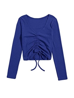Women's Long Sleeve V Neck Crop Top Drawstring Ruched Tee Shirt