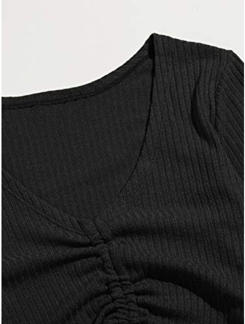 SweatyRocks Women's Long Sleeve V Neck Crop Top Drawstring Ruched Tee Shirt
