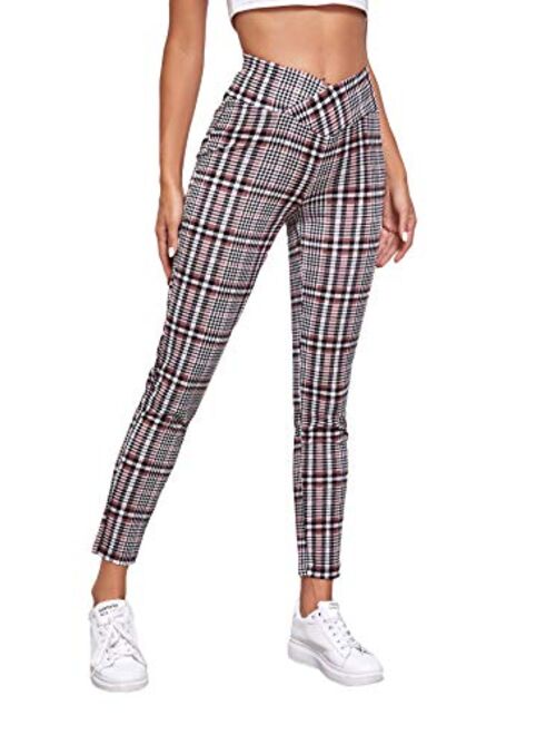 SweatyRocks Women's Casual Plaid Yoga Pants High Waist Tummy Control Workout Leggings