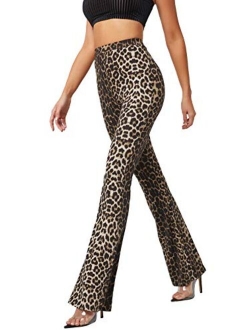 Women's Boho Comfy Stretchy Leopard Print Bell Bottom Flare Leg Pants