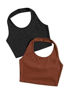 Women's 2 Pack Basic Rib Knit Crop Halter Top Sleeveless Vest