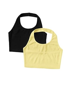 Women's 2 Pack Basic Rib Knit Crop Halter Top Sleeveless Vest
