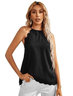 Women's Sleeveless Halter Cami Tank Top Scallop Trim Blouse Shirt