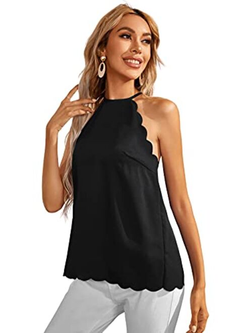 SweatyRocks Women's Sleeveless Halter Cami Tank Top Scallop Trim Blouse Shirt