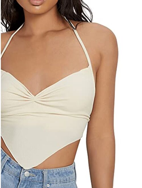 SweatyRocks Women's Sleeveless Backless Hanky Hem Ruched Halter Crop Cami Top