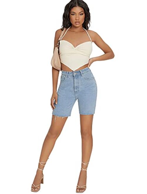 SweatyRocks Women's Sleeveless Backless Hanky Hem Ruched Halter Crop Cami Top