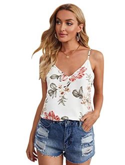 Women's V Neck Floral Print Cami Tank Top Sleeveless Blouse Shirt