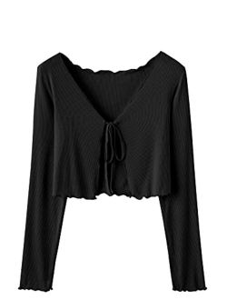 Women's Long Sleeve V Neck Crop Top Tie Front Ribbed Knit Tee Shirt