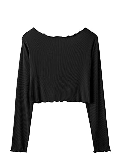 SweatyRocks Women's Long Sleeve V Neck Crop Top Tie Front Ribbed Knit Tee Shirt