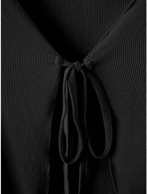 SweatyRocks Women's Long Sleeve V Neck Crop Top Tie Front Ribbed Knit Tee Shirt