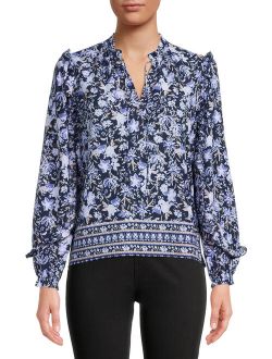 Women's Mixed Print Ruffle Top with Long Sleeves