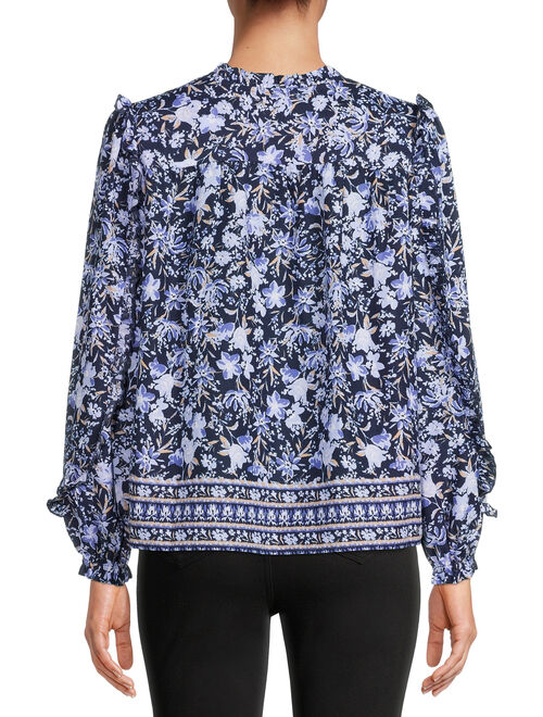 Time and Tru Women's Mixed Print Ruffle Top with Long Sleeves