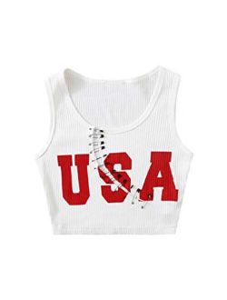 Women's Women's Sleeveless Pin Front Letter Graphic Casual Cool Crop Tank Top