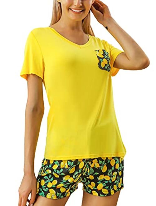 Chalier Summer Pajamas for Women Sleepwear Short Sleeve Tops O Neck Cotton Women Pajamas Set with Funny Print