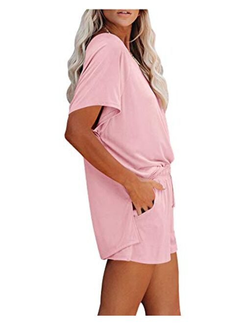 WMZCYXY Women's Crew Neck Short Sleeve Lounge Set Elastic Drawstring Shorts Workout Pajama Set Sleepwear
