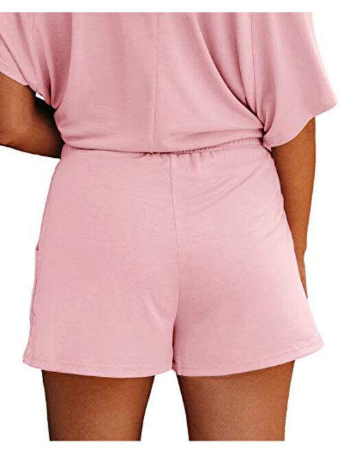 WMZCYXY Women's Crew Neck Short Sleeve Lounge Set Elastic Drawstring Shorts Workout Pajama Set Sleepwear