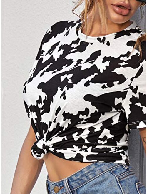 SweatyRocks Women's Leopard Print Short Sleeve Round Neck Casual T Shirt Tops