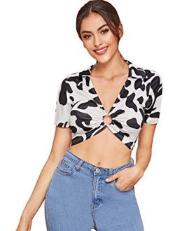 Women's Cow Print Collar V Neck O-Ring Short Sleeve Crop Top T-Shirt Blouse