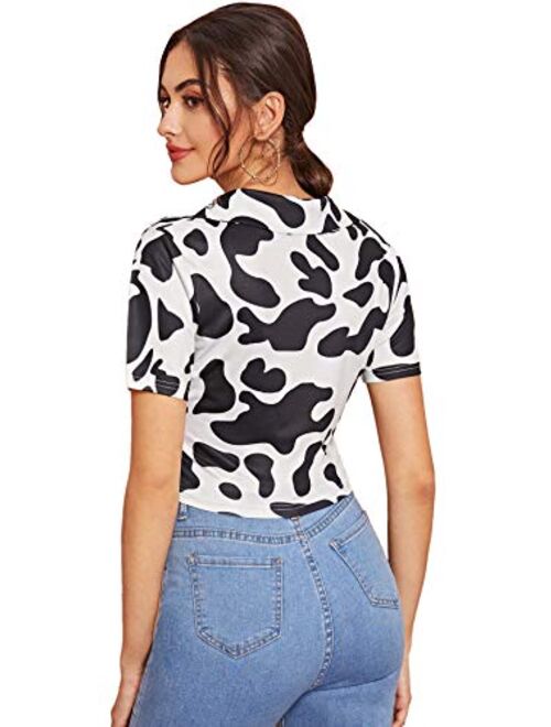SweatyRocks Women's Cow Print Collar V Neck O-Ring Short Sleeve Crop Top T-Shirt Blouse