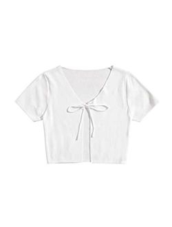 Women's Short Sleeve Solid Knot Front Cardigan Crop Top & Outer