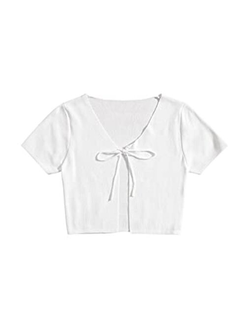 SweatyRocks Women's Short Sleeve Solid Knot Front Cardigan Crop Top & Outer