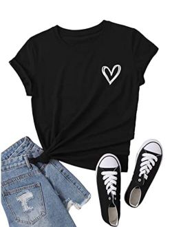 Women's Heart Print T Shirts Summer Funny Short Sleeve Tops for Teen Girl