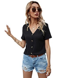 Women's V Neck Short Sleeve Tee Top Button Front Knit T-Shirt