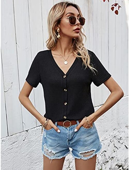 SweatyRocks Women's V Neck Short Sleeve Tee Top Button Front Knit T-Shirt