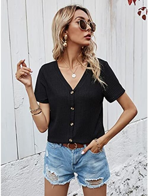 SweatyRocks Women's V Neck Short Sleeve Tee Top Button Front Knit T-Shirt