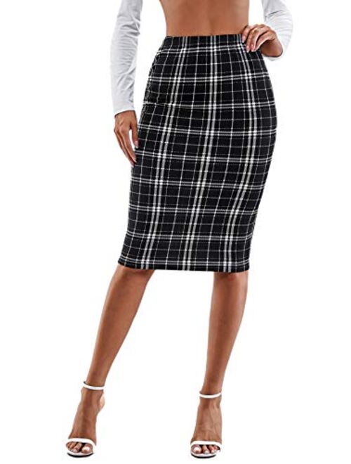 SweatyRocks Women's Casual High Waist Plaid Bodycon Pencil Skirt Knee Length Skirts