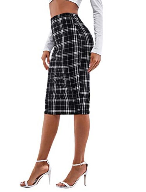 SweatyRocks Women's Casual High Waist Plaid Bodycon Pencil Skirt Knee Length Skirts