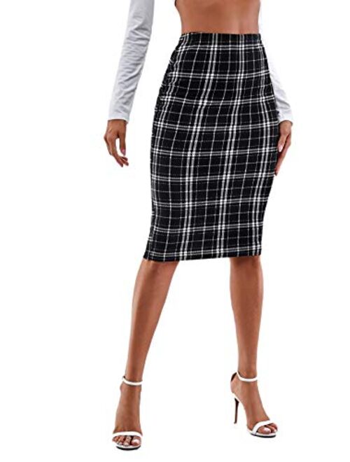 SweatyRocks Women's Casual High Waist Plaid Bodycon Pencil Skirt Knee Length Skirts