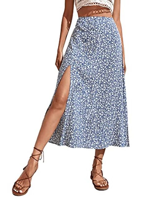 SweatyRocks Women's Ditsy Floral Print High Waist A Line Midi Skirts