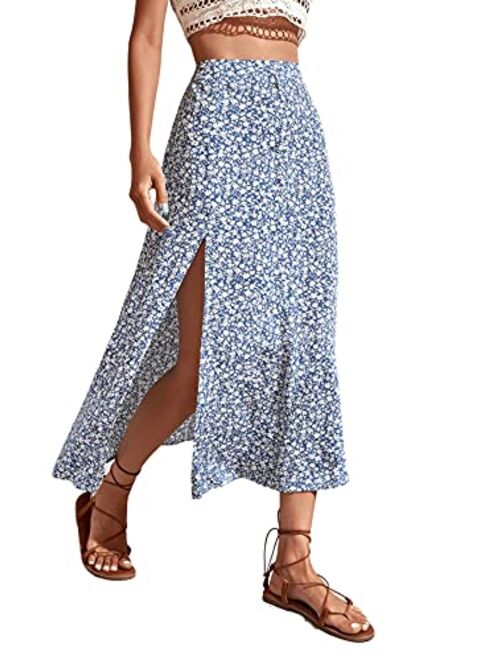SweatyRocks Women's Ditsy Floral Print High Waist A Line Midi Skirts