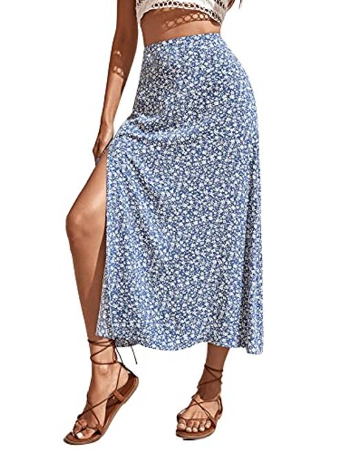 SweatyRocks Women's Ditsy Floral Print High Waist A Line Midi Skirts