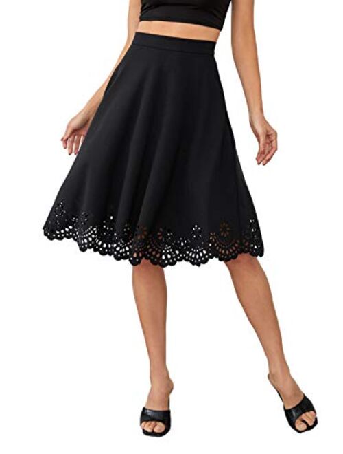 SweatyRocks Women's High Waist Pleated Scallop Trim Flared A Line Midi Skirt
