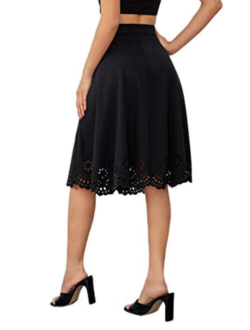 SweatyRocks Women's High Waist Pleated Scallop Trim Flared A Line Midi Skirt