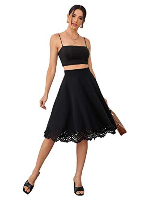 SweatyRocks Women's High Waist Pleated Scallop Trim Flared A Line Midi Skirt
