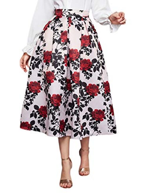 SweatyRocks Women's Vintage High Waisted Printed A Line Pleated Flare Midi Skirt