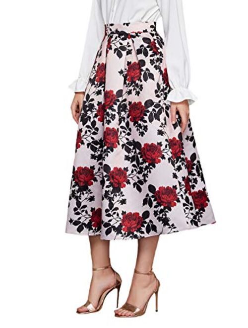 SweatyRocks Women's Vintage High Waisted Printed A Line Pleated Flare Midi Skirt