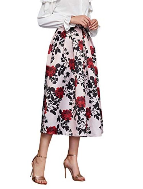 SweatyRocks Women's Vintage High Waisted Printed A Line Pleated Flare Midi Skirt