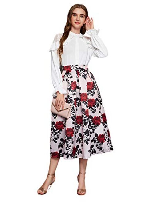 SweatyRocks Women's Vintage High Waisted Printed A Line Pleated Flare Midi Skirt