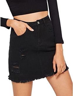 Women's High Waist Ripped Raw Hem Pocket Bodycon Denim Mini Skirt