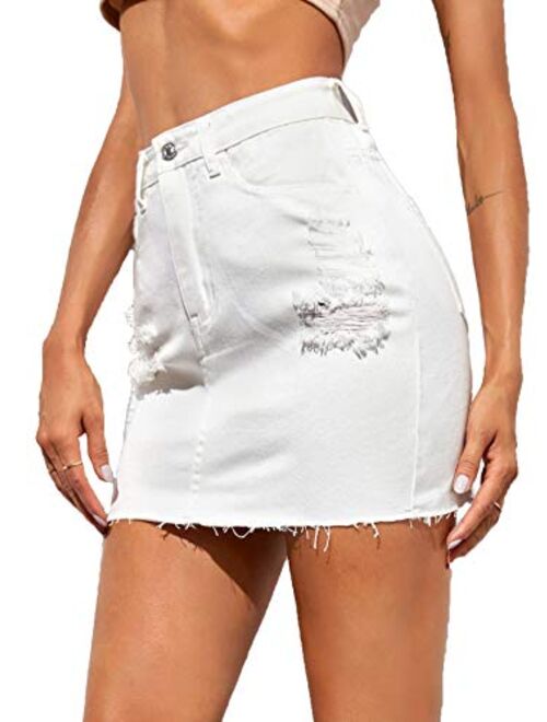 SweatyRocks Women's High Waist Ripped Raw Hem Pocket Bodycon Denim Mini Skirt