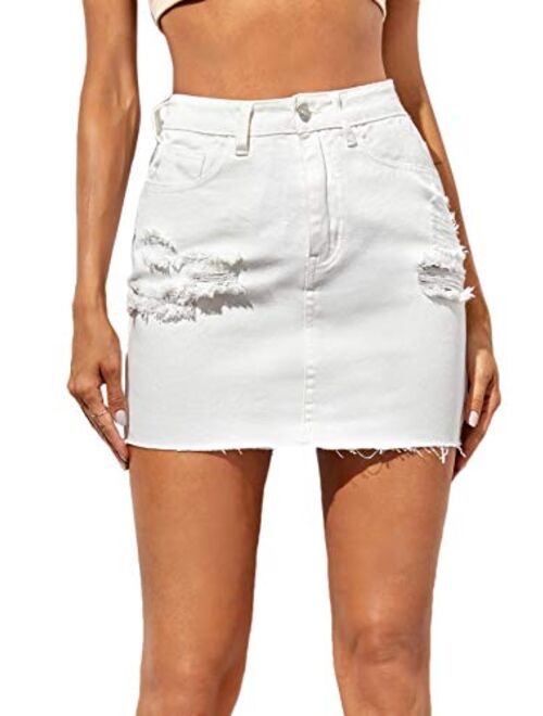 SweatyRocks Women's High Waist Ripped Raw Hem Pocket Bodycon Denim Mini Skirt
