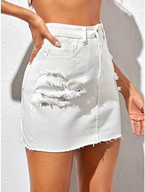 SweatyRocks Women's High Waist Ripped Raw Hem Pocket Bodycon Denim Mini Skirt