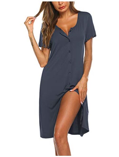 SHESHOW Womens Nightgown Button Down Nightshirt Short Sleeve Sleepwear V Neck Boyfriend Pajama Dress S-XXL